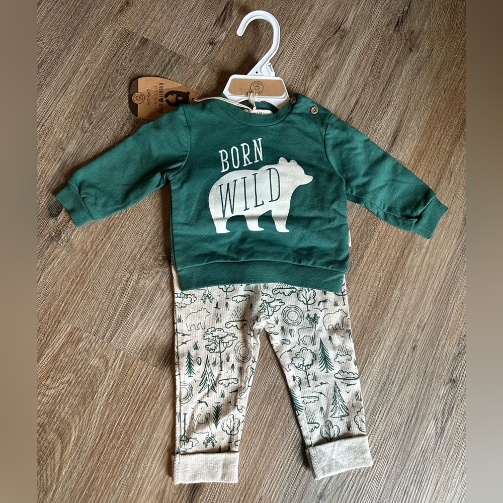 Born Wild Green Bear Print 3-6 Month Baby Set